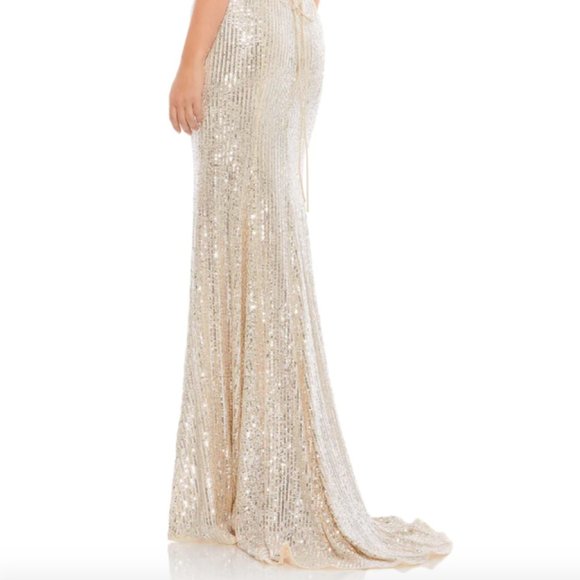 MAC DUGGAL 26269 STRETCH SEQUIN LACE UP BACK EVENING NUDE/SILVER GOWN sz 12 - Picture 7 of 8